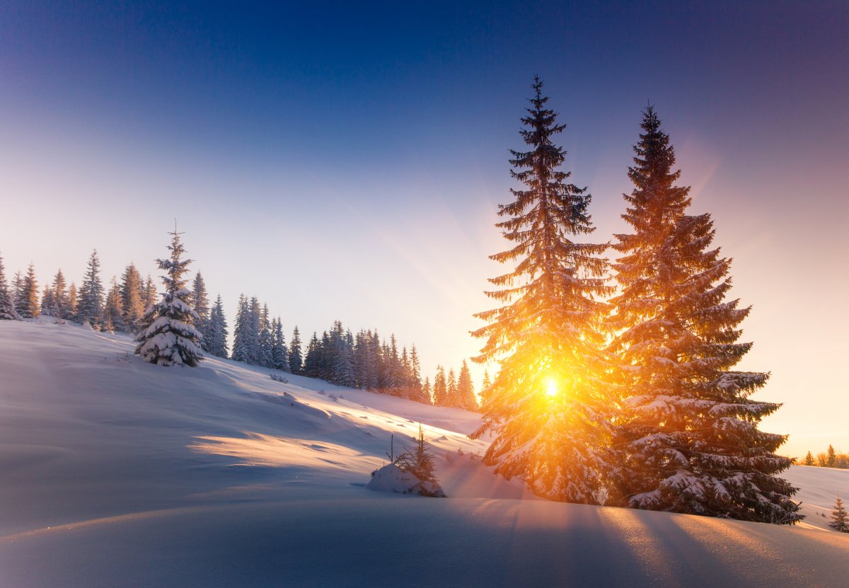 Sunset landscape pictures on snowy mountains