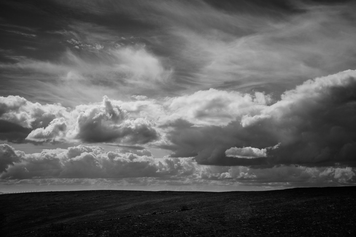 Black and white landscape picture of low altitude clouds