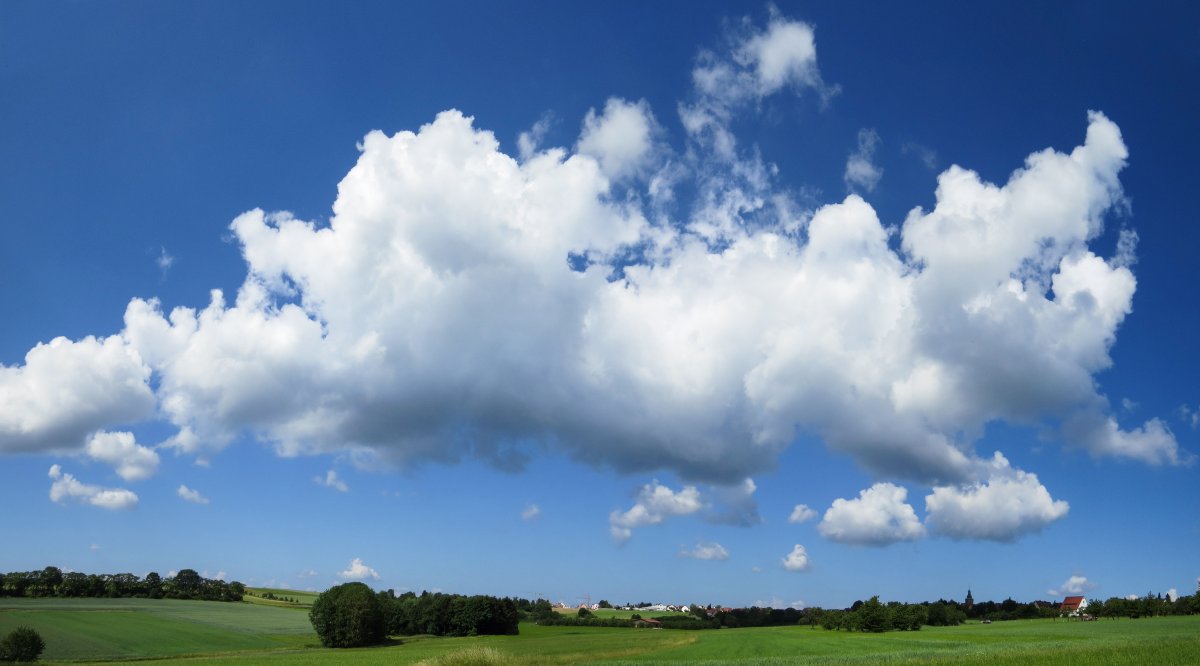Landscape picture of grassland with blue sky and white clouds