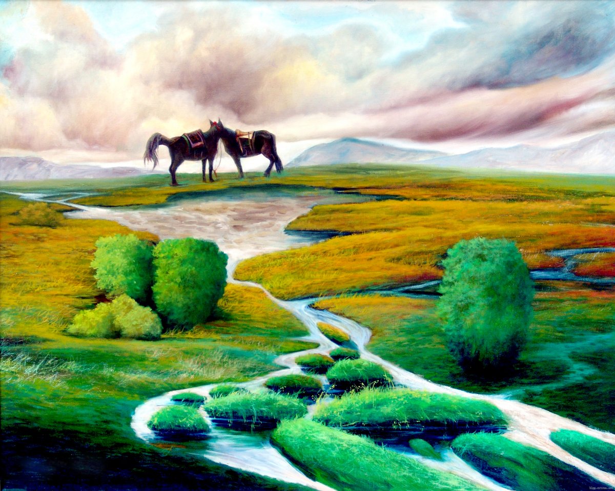 Pictures of horses in grasslands and rivers