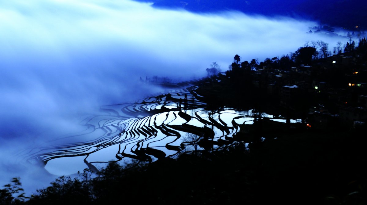 Scenery pictures of terraced fields shrouded in clouds and mist