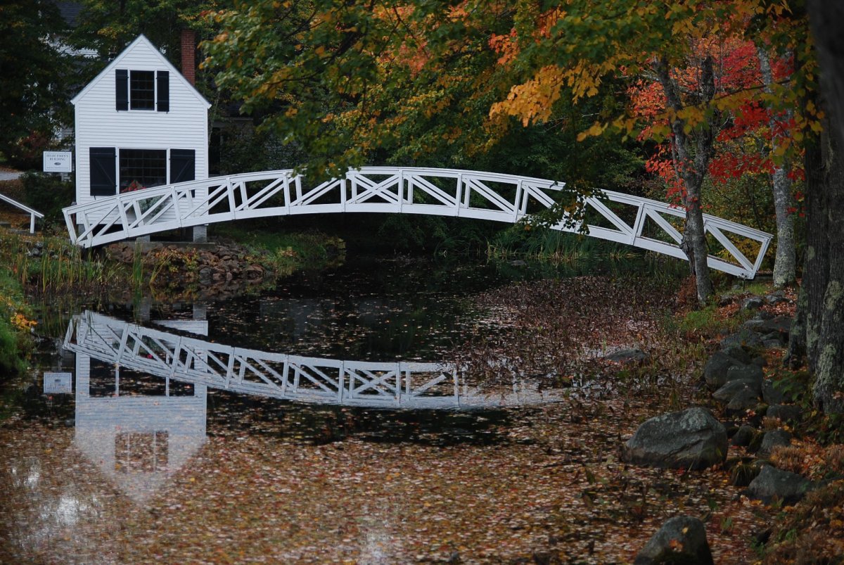Picture of white cabin arch bridge in the woods