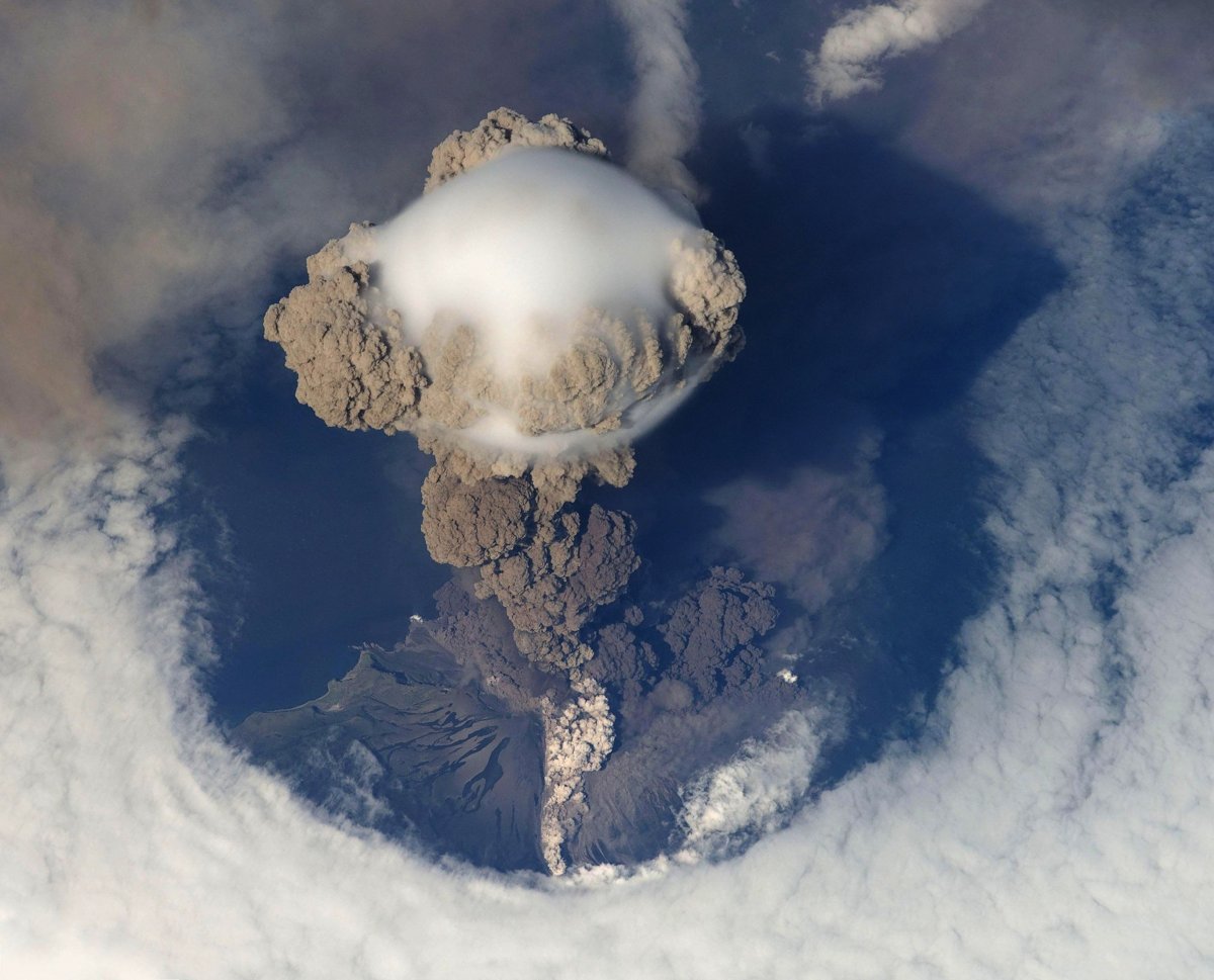 Aerial view of volcanic eruption