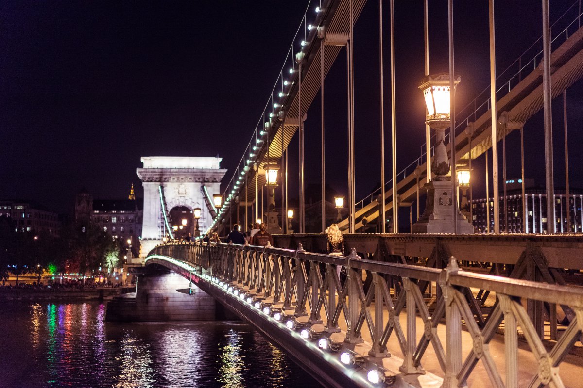 Architectural landscape pictures of Széchenyi Chain Bridge in Budapest, Hungary